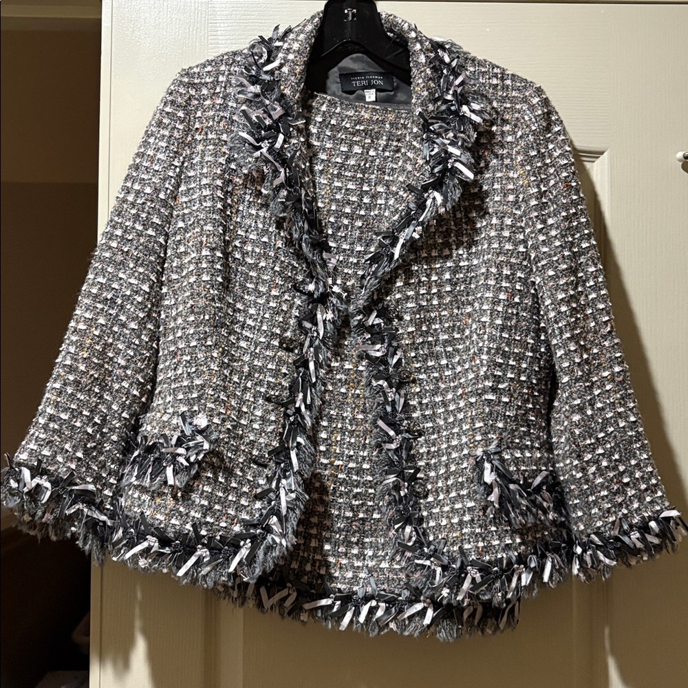 Teri Jon  Gray &Pink Tweed Jacket and skirt with Ribbon Accents 8 Neiman Marcus - Picture 6 of 12